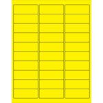 A sheet of MH-USA 2 5/8 x 1 Fluorescent Yellow Removable Rectangle Laser Labels, with a total of 30 labels per sheet, is shown in a grid pattern with five columns and six rows. Each label is bordered in black.