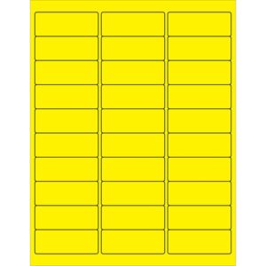 A sheet of MH-USA 2 5/8 x 1 Fluorescent Yellow Removable Rectangle Laser Labels, with a total of 30 labels per sheet, is shown in a grid pattern with five columns and six rows. Each label is bordered in black.