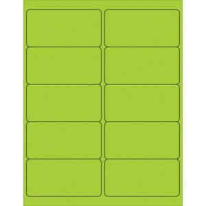 A sheet of MH-USA 4 x 2 fluorescent green removable rectangle laser labels, with a glossy finish, has 10 labels per sheet in two columns and five rows. Each label features rounded corners and a black border.