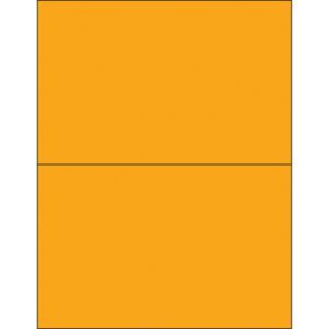 An abstract image displays two MH-USA fluorescent orange removable rectangle laser labels (8 1/2 x 5 1/2) stacked vertically, separated by a thin black line, with the background matching their vivid hue.