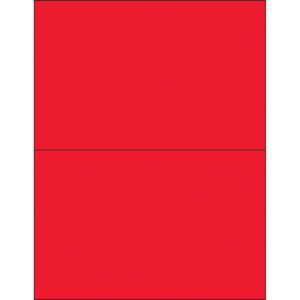 The MH-USA 8 1/2 x 5 1/2 Fluorescent Red Removable Rectangle Laser Labels divide into two equal sections per sheet for versatile applications.