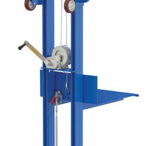 The Vestil Steel Winch Lite Load Lifter Fix Wheel W/Flr&Wh Lock features a crank handle, two large red base wheels, and two smaller top wheels. It has a forklift-like platform for lifting items effortlessly and ensures stability with wheel locks.
