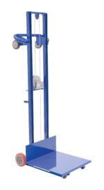 The Vestil Steel Winch Lite Load Lifter Fixed Wheel hand truck has a flat platform, two fixed rear wheels for easy movement, a curved handle for a secure grip, and a winch mechanism to simplify lifting and transporting items.