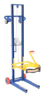 The blue and yellow Vestil Variable Height Pail Dispenser 200 Lb is a versatile manual drum lifter with a wheeled base, handle for easy maneuvering, secure harness for drums up to 200 lb, and a foot pedal for effortless lift operation.