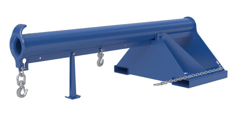 The Vestil Non-Telescoping Lift Boom 6K 24 In Fork is an industrial jib attachment for forklifts that features a durable tubular design, hooks, and chains for secure load handling. Its blue color and easy-mounting mechanism allow seamless installation on forks up to 24 inches wide.