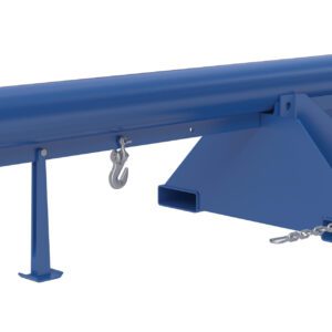 The Vestil Non-Telescoping Lift Boom 6K 24 In Fork is an industrial jib attachment for forklifts that features a durable tubular design, hooks, and chains for secure load handling. Its blue color and easy-mounting mechanism allow seamless installation on forks up to 24 inches wide.