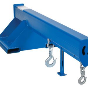 The blue steel Vestil Non-Telescoping Lift Boom 8K 24 In Fork is a forklift jib attachment with two hooks and a rectangular base, designed for heavy load handling and includes right-angled support beneath the beam for stability.