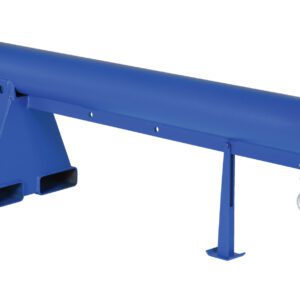 A blue steel Vestil Telescoping Lift Boom 4K 11In Wide Forks features a yellow hook on one end, a triangular support structure, and two hooks underneath for industrial lifting up to 4K capacity.