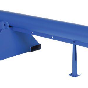 The Vestil Telescoping Lift Boom 6K, designed for industrial lifting, features a blue telescopic jib with 24-inch wide forks and a sturdy base. It has adjustable hooks for versatility and includes a yellow hook.