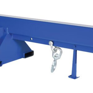 The Vestil Telescoping Lift Boom 8K, with its blue metal design and adjustable arm, includes two large hooks for lifting. It features a yellow end cap and triangular support structure for robust heavy lifting, while its 30-inch wide forks offer enhanced stability and versatility.
