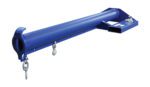 The Vestil Econo Non-Telescoping Lift Boom 4K 24 In is a sturdy, blue lift with a rectangular build featuring two hooks and chains on one end, along with a small attachment point for versatile use with cranes or forklifts.