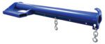 The Vestil Econo Non-Telescoping Lift Boom 6K 24 In is a blue metal beam with two hooks beneath it. Its design includes a rectangular hollow section at one end and a circular opening at the other, reflecting its industrial machinery purpose.