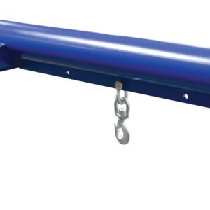 The Vestil Econo Non-Telescoping Lift Boom 6K 24 In is a blue metal beam with two hooks beneath it. Its design includes a rectangular hollow section at one end and a circular opening at the other, reflecting its industrial machinery purpose.