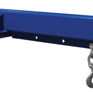 The blue metal Vestil Econo 8K 36 In Lift Boom features two hooks and a rectangular design with multiple holes, perfect for forklift extension. The sloped section optimizes functionality.
