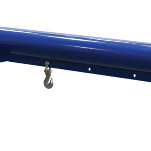 The Vestil Economy Telescoping Lift Boom 4K 30 In is highlighted against a white background, featuring a blue metal lifting beam with two hooks and a yellow attachment point.