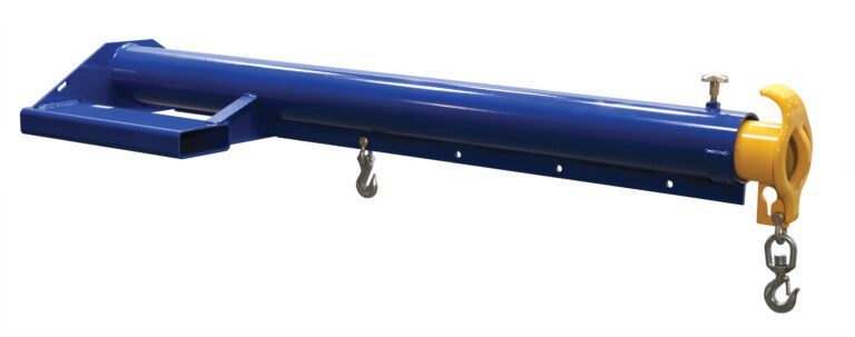 The Vestil Economy Telescoping Lift Boom 6K 11 In features a blue telescopic jib with a yellow hook attachment, two hooks, and multiple adjustment holes, all crafted from durable metal for enhanced versatility.
