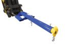 The Vestil Economy Telescoping Lift Boom 6K 24 In is a blue forklift attachment with a yellow hook, designed to extend reach and handle long or bulky loads with sturdy metal loops for secure lifting.