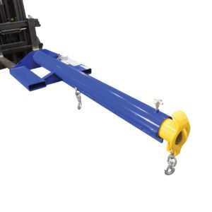 The Vestil Economy Telescoping Lift Boom 6K 24 In is a blue forklift attachment with a yellow hook, designed to extend reach and handle long or bulky loads with sturdy metal loops for secure lifting.