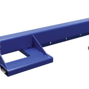 The Vestil Economy Telescoping Lift Boom 8K features a blue, rectangular forklift boom attachment with two hooks, a secure mounting section on one end, and a yellow-capped extended arm for versatile lifting up to 24 inches.