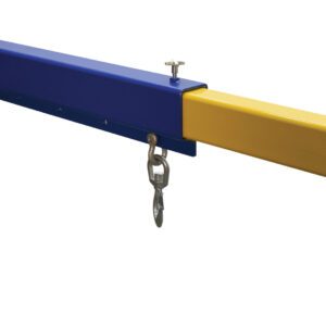 The Vestil Economy Telescoping Lift Boom 8K 30 In is a blue and yellow heavy-duty extension jib with two metal hooks, ideal for lifting or towing. It has a 30-inch square base and extends horizontally.