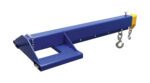 The blue Vestil Economy Telescoping Lift Boom 8K 36 In is a forklift jib attachment featuring hooks, chains, a rectangular base, and an extendable arm with a yellow and silver end for lifting heavy loads.