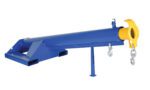 The Vestil Lift Master Boom 15 Deg 4K 24 In Fork is an adjustable blue and yellow forklift jib with a rectangular base, a vertical post, and two hooks on the end for enhanced lifting capability at a 15-degree angle.