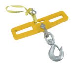 The Vestil Lift Master Hook Plate Swivel W/Latch 10K features a yellow lifting beam with two elongated slots, a central handle, and a durable metallic hook. It includes an attached yellow strap looped through the top opening for enhanced security.