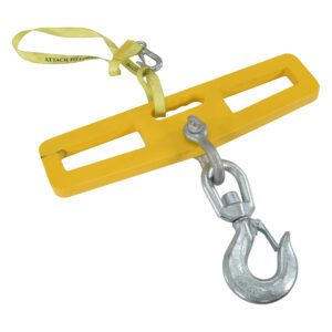 The Vestil Lift Master Hook Plate Swivel W/Latch 10K features a yellow lifting beam with two elongated slots, a central handle, and a durable metallic hook. It includes an attached yellow strap looped through the top opening for enhanced security.