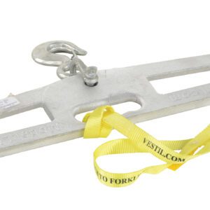 The Vestil Lift Master Hook Plate 4K Rigid features a sturdy metal lifting beam with two rectangular slots, a hook plate on top, and a yellow strap threaded through a slot with its hook securely fastened. A partially visible label ensures safety and efficiency for loads up to 4,000 lbs.
