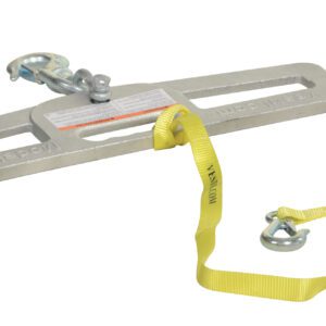 The Vestil Lift Master Hook Plate 4K Swivel includes a metal beam anchor with a yellow strap, featuring elongated slots and secure fittings. The strap is looped through a ring and printed with Vestil Lift Master, ensuring reliable support for 4K weight applications needing swivel adjustments.