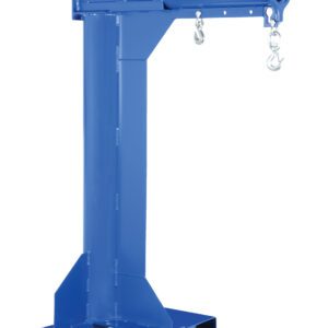 The blue Vestil High Rise Boom Non Telescoping 6K 36 In is an industrial hoist with a sturdy base and a 36-inch arm with two metal hooks. Its designed for heavy-duty lifting, features forklift-compatible slots, and can handle up to 6,000 lbs effortlessly.