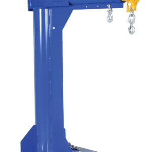 The Vestil High Rise Boom Telescoping 4K 30 In Fork features a blue steel hoist with a vertical column and adjustable arm. Its yellow end includes two metal hooks for industrial use, while the flat base and 30-inch forks provide easy mounting and stability.