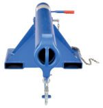 The image showcases a Vestil Orbit Non-Telescoping Lift Boom 4K 24 In, featuring a blue cylindrical body with a handle. Designed for lifting or pulling, it has a bottom chain and triangular support brackets on each side, highlighting its robust design.