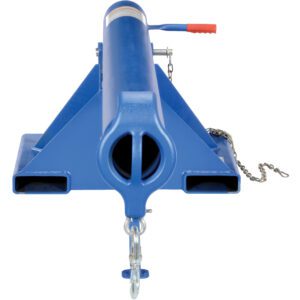 The blue mechanical device, similar to a Vestil Orbit Non-Telescoping Lift Boom 6K 24 In, has triangular side supports, a handle, and a central hook with chain. Ideal for lifting or as a winch, it offers dependable performance without telescoping features.