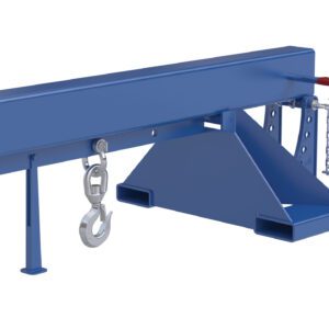 The Vestil Orbit Non-Telescoping Lift Boom 8K 36 In is a blue metal lifting attachment with two hooks and chains on each side, featuring a rectangular horizontal beam, triangular support base, and an adjustable red lever extending from the top right.