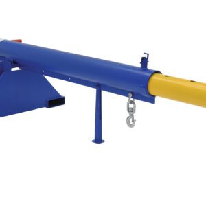 The Vestil Orbit Telescoping Lift Boom 4K 30In Fork is a blue and yellow heavy-duty jib crane attachment for forklifts, featuring chains, hooks, a 30-inch extendable arm, and a sturdy metal base for enhanced stability in lifting tasks.