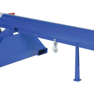 The Vestil Orbit Telescoping Lift Boom 4K 36In Fork has a sturdy 4K lifting capacity, featuring blue industrial design with a yellow hook and chain. It mounts on a triangular base for forklifts or machinery, ensuring durability and reliability.