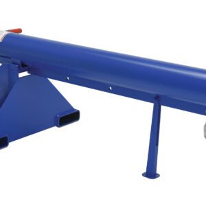 The Vestil Orbit Telescoping Lift Boom 6K 24In Fork enhances forklifts with a blue adjustable jib crane featuring a yellow hook and chains. Its metal base provides stability, while the extended arm offers increased reach and lifting versatility, perfect for diverse tasks.