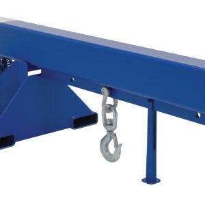 The Vestil Orbit Telescoping Lift Boom 8K 24In Fork is an industrial lifting beam attachment with adjustable components, a blue and yellow design, two hook points for secure loads, and a stable base. Ideal for use with forklifts.