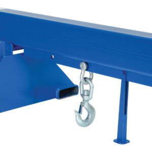 The Vestil Orbit Telescoping Lift Boom 8K 30In Fork features a blue rectangular body, yellow end cap, and two hooks. It includes two mounting openings, combining innovation and functionality in this telescoping lift boom. The product has a white background.