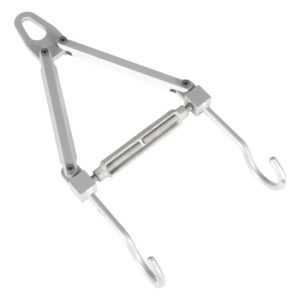 The Vestil Hoist Attachment-Double Hook 250 Lb Cap is an adjustable metal tool with a triangular frame, featuring two bottom hooks and a central turnbuckle for tension. A top circular loop enhances its versatility.