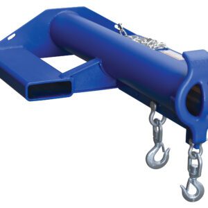 The Vestil Non-Telescoping Shorty Lift Boom 6K, like the Blue Hitch Receiver, has one end with a circular opening and the other with rectangular tubing. It includes two chains with metal hooks for towing or attaching to vehicles or equipment.