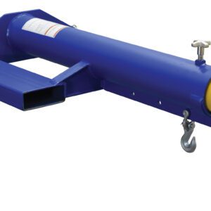 The blue and yellow Vestil Telescoping Shorty Lift Boom 4K is an industrial lifting attachment with a cylindrical main body, two hooks, metal chains, and a triangular mounting bracket, designed for strength and reliability in demanding tasks.