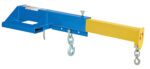 Discover the Vestil Telescoping Shorty Lift Boom 8K, a durable blue and yellow forklift attachment with end hooks. Its square base and metal chain ensure secure connections for maximum performance and efficiency in lifting tasks.