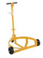 The Vestil Mold-On-Rubber Lo-Profile Drum Caddie is a yellow dolly with a tall handle and two black wheels, ideal for moving cylindrical containers. Its arched frame provides stability, and the horizontal handlebar offers an easy grip for maneuverability.