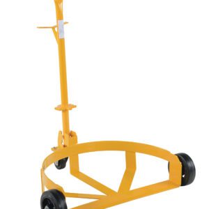 The Vestil Mold-On-Rubber Lo-Profile Drum Caddie is a yellow dolly with a tall handle and two black wheels, ideal for moving cylindrical containers. Its arched frame provides stability, and the horizontal handlebar offers an easy grip for maneuverability.