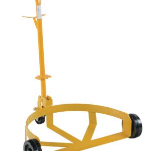 The Vestil Phenolic Lo-Profile Drum Caddie, a yellow hand truck for large barrels, features a circular base frame with two wheels and a central handle with grips for easy maneuverability.