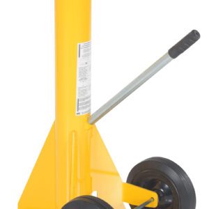 The Vestil Trailer Stabilizing Ratchet Jack 50K features a bright yellow finish, two black wheels for mobility, and a long handle with a black grip, making it perfect for securely stabilizing and positioning trailers.