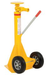A yellow aircraft tail stand with a cylindrical body, two black wheels, a red-handled lever, and a wide base for stability mirrors the robust design of the Vestil Trailer Stabilizing Ratchet Jack 50K.