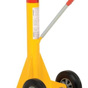 A yellow aircraft tail stand with a cylindrical body, two black wheels, a red-handled lever, and a wide base for stability mirrors the robust design of the Vestil Trailer Stabilizing Ratchet Jack 50K.